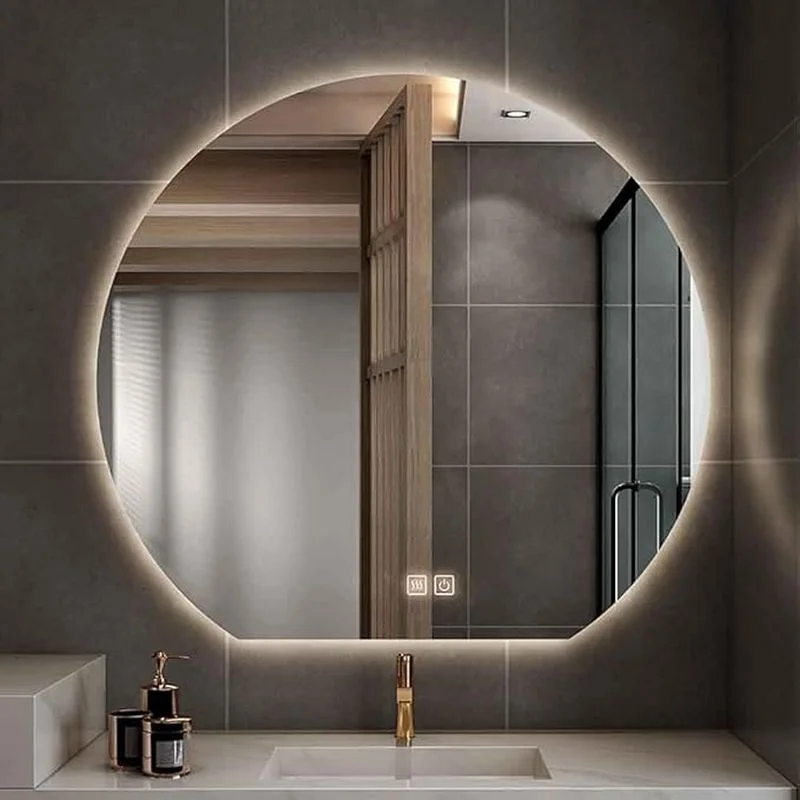 Luxury Organic Circle Backlit 4/6 Moon Wall Mirror: circular bathroom mirror with a flat base, halo backlighting, and touch sensors.
