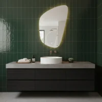 Luxury Organic Shaped Backlit Design Wall Bathroom Mirror above modern vanity with green tiled wall and round sink, warm ambient glow
