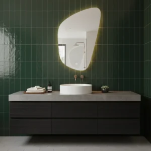 Luxury Organic Shaped Backlit Design Wall Bathroom Mirror above modern vanity with green tiled wall and round sink, warm ambient glow