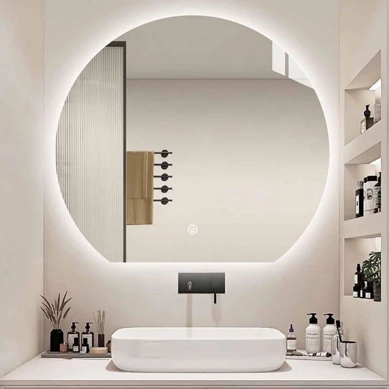Luxury Organic Circle Backlit 4/6 Moon Wall Mirror: large circular mirror with a flat base and glowing LED backlit border.