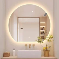 Luxury Organic Circle Backlit 4/6 Moon Wall Mirror: circular mirror with a flat base and warm LED halo backlighting.
