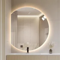 Luxury Organic Circle Backlit 4/6 Moon Wall Mirror: circular mirror with a flat left edge and integrated warm halo backlighting.