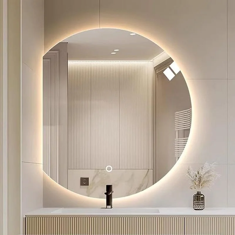 Luxury Organic Circle Backlit 4/6 Moon Wall Mirror: circular mirror with a flat left edge and integrated warm halo backlighting.
