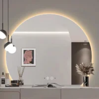 Luxury Organic Circle Backlit 4/6 Moon Wall Mirror: large circular mirror with a flat base and glowing warm LED backlighting.