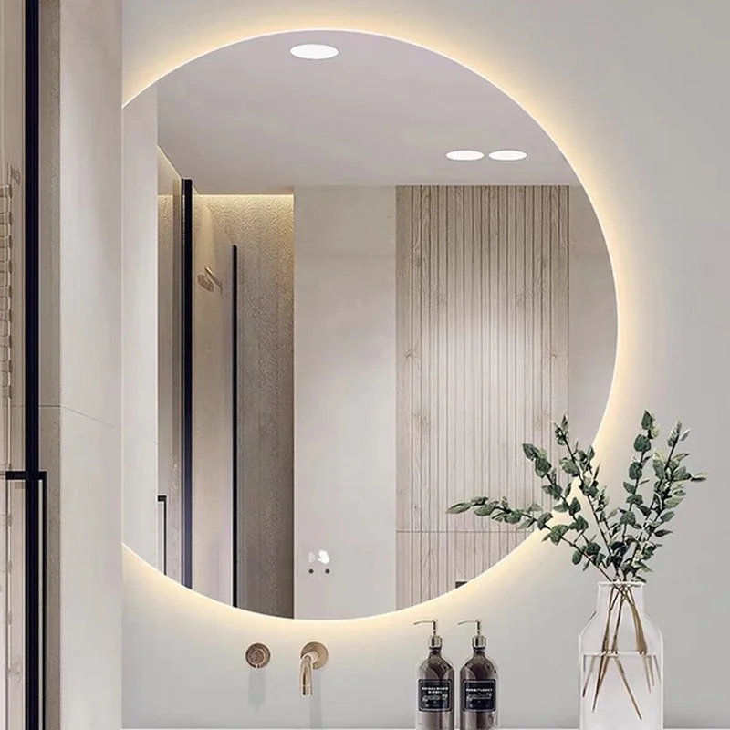 Luxury Organic Circle Backlit 4/6 Moon Wall Mirror: circular bathroom mirror with a flat right side and warm LED halo backlighting.