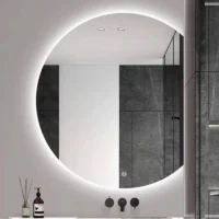 Luxury Organic Circle Backlit 4/6 Moon Wall Mirror: circular mirror with a flat right edge and bright cool-toned LED backlighting.