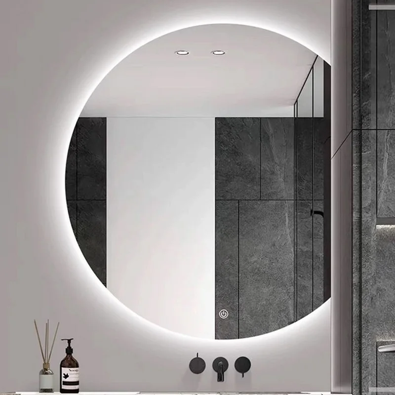 Luxury Organic Circle Backlit 4/6 Moon Wall Mirror: circular mirror with a flat right edge and bright cool-toned LED backlighting.