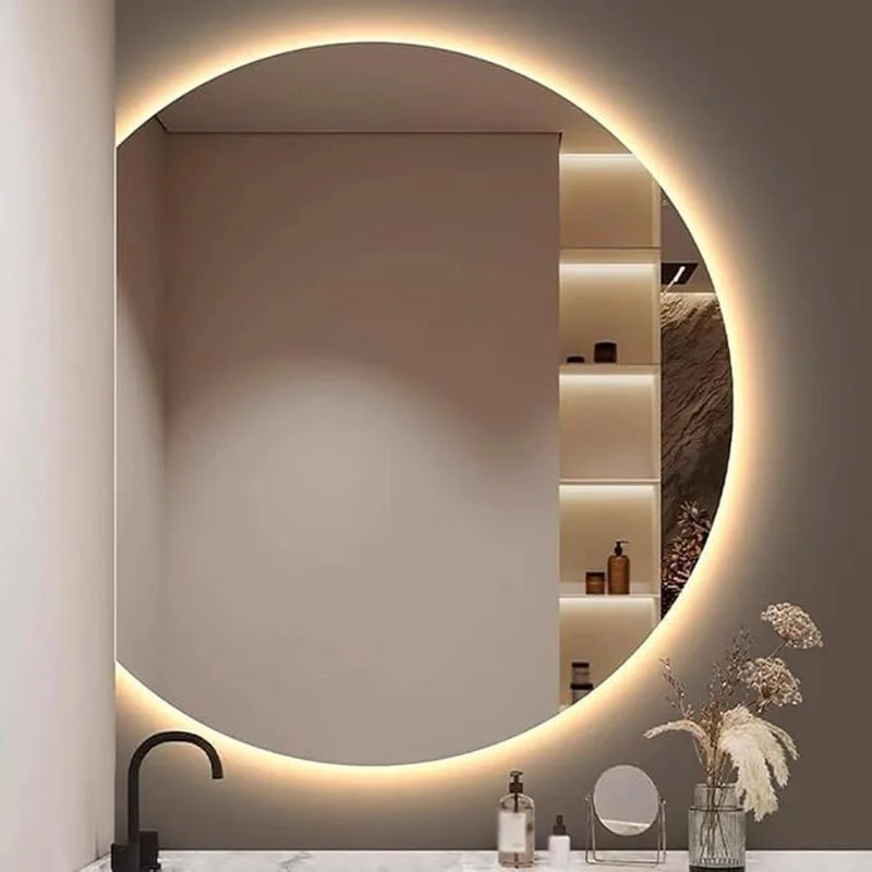 Luxury Organic Circle Backlit 4/6 Moon Wall Mirror: circular mirror with a flat left edge and warm, glowing LED backlighting.