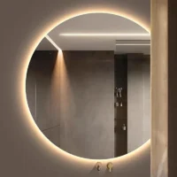 Luxury Organic Circle Backlit 4/6 Moon Wall Mirror: circular mirror with a flat left edge and a glowing LED backlit border.