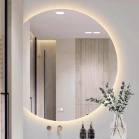 Luxury Organic Circle Backlit 4/6 Moon Wall Mirror: circular mirror with a flat left edge and a soft, warm LED backlit halo.