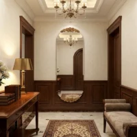 classic room decor with chandellier & oval shaped wall mirror