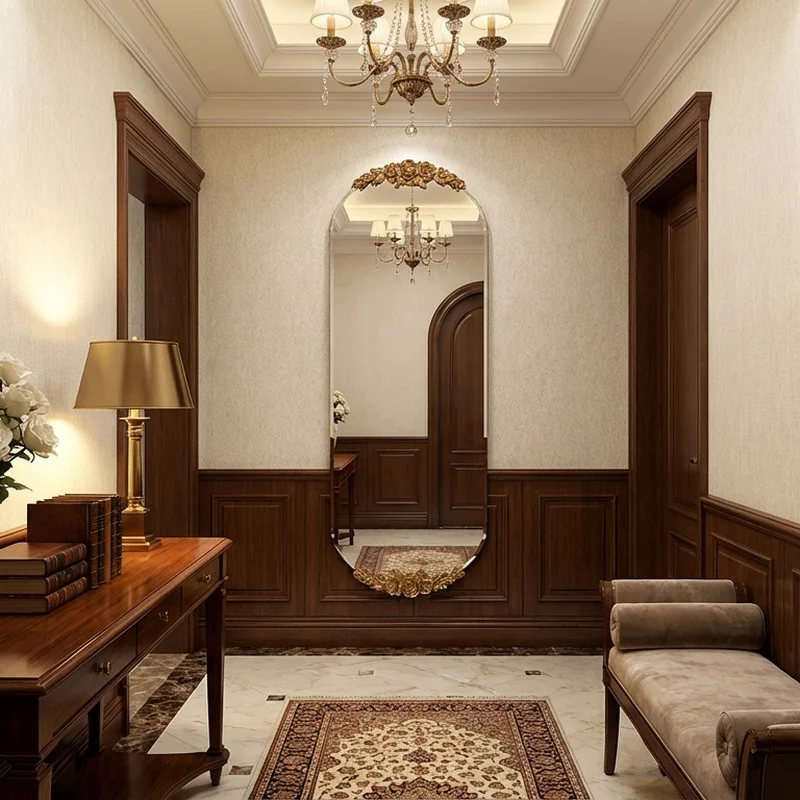 classic room decor with chandellier & oval shaped wall mirror