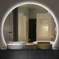 Luxury Organic Circle Backlit 4/6 Moon Wall Mirror: circular mirror with a flat base and cool-toned LED halo backlighting.