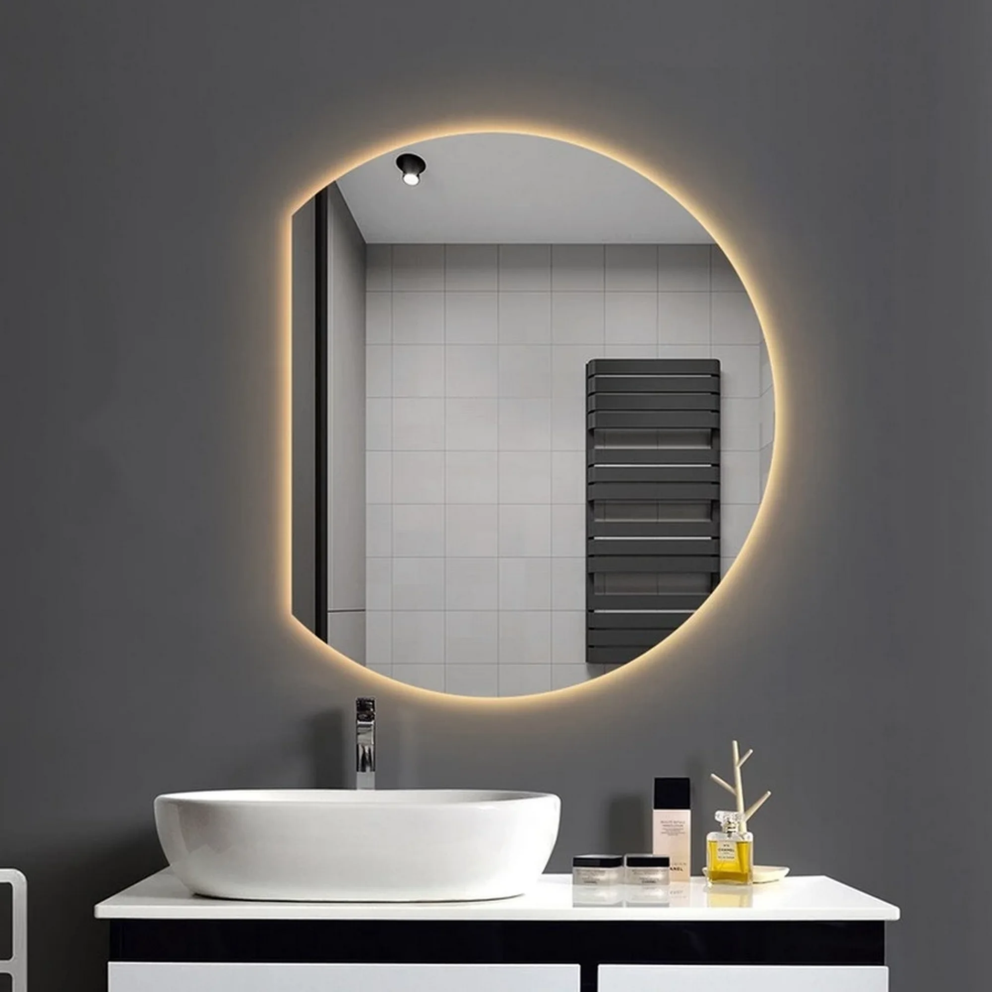 Luxury Organic Circle Backlit 4/6 Moon Wall Mirror: circular mirror with a flat left edge and integrated warm LED halo backlighting.