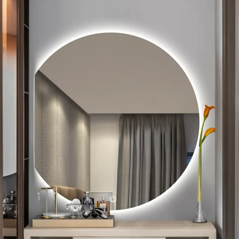 Luxury Organic Circle Backlit 4/6 Moon Wall Mirror: large round mirror with a flat edge and soft glow backlighting.