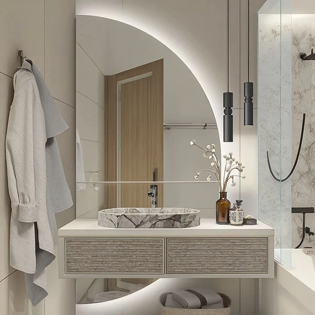 Elegance Luxury Half Moon Glow Mirror, a large backlit semi-circle mirror behind a marble vessel sink and textured vanity.