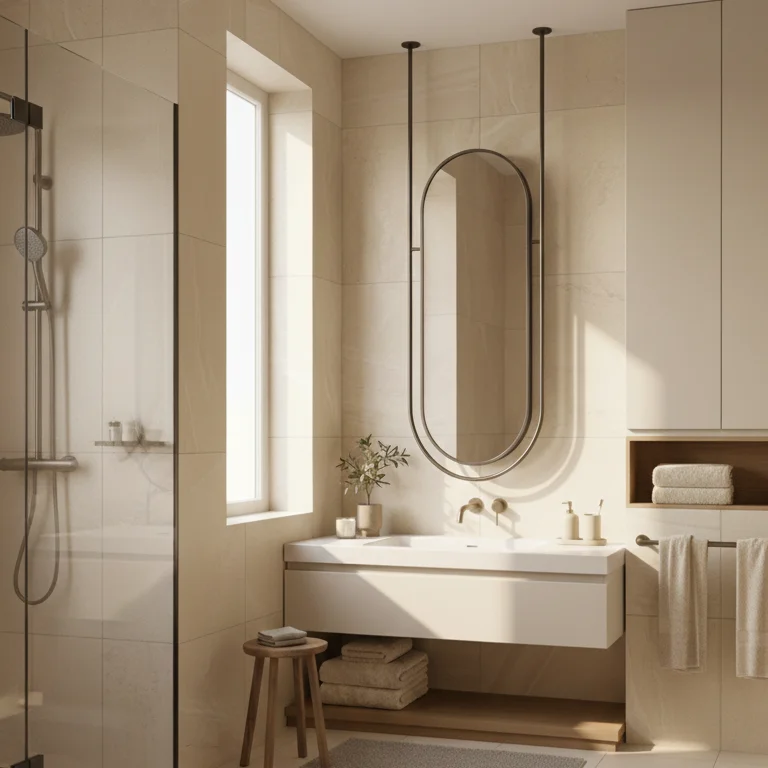 Modern beige bathroom with Double Sided Framed Oval Bathroom Mirror above a floating vanity, natural light from window and minimalist decor.