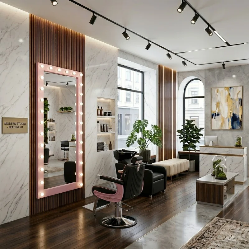 Salon interior with a pink-lit vanity mirror, black styling chair, marble walls, and wooden accents.