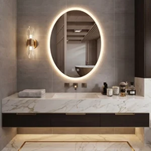 Modern bathroom vanity with an oval backlit mirror, marble countertop, and dark wood cabinets.