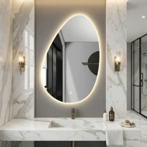Vertical Organic Mirrors for Height and Spatial Flow, oval backlit mirror above marble vanity in modern bathroom