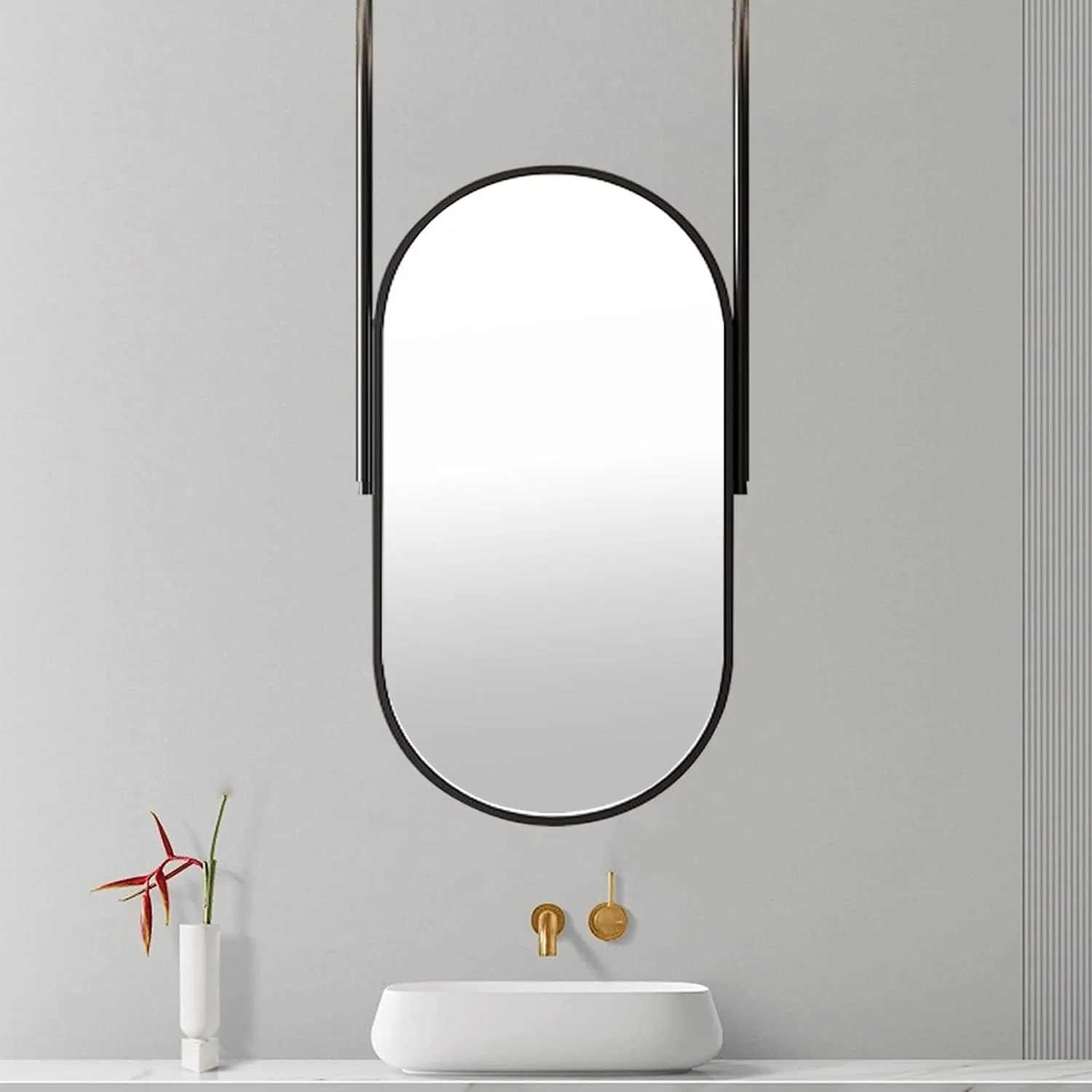 Sleek Black Oval Shape Hanging Mirror
