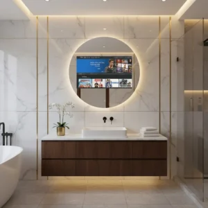 Round Backlit Android TV Mirror above modern vanity with marble wall, soft LED halo lighting, and built-in smart display in luxury bathroom setting.