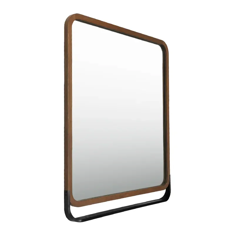 Angled view of a Wood Frame Rectangle Wall Mirror with rounded corners and a black metal towel bar.