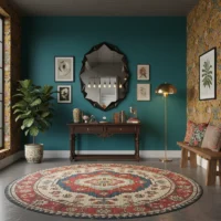 Black Irregular Art Design Wall Mirror centered on a teal wall above a console table in a vibrant, eclectic room.