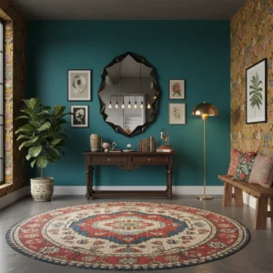 Black Irregular Art Design Wall Mirror centered on a teal wall above a console table in a vibrant, eclectic room.