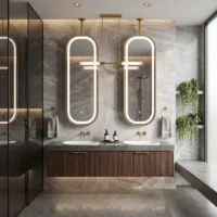 Double vanity with two oval backlit mirrors and brass fixtures in a marble bathroom.