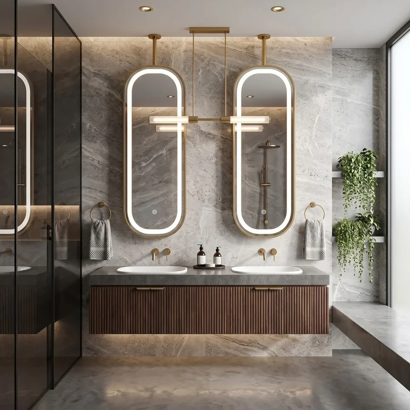 Double vanity with two oval backlit mirrors and brass fixtures in a marble bathroom.