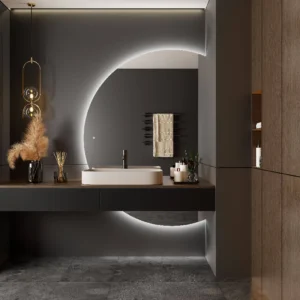 Luxury Back Light 4/6 Moon Entryway Bath Mirror featuring a crescent shape with glowing LED backlight in a modern bathroom.
