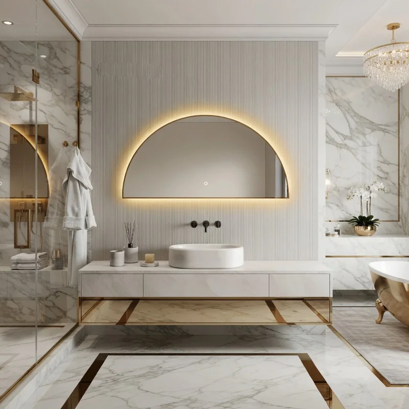 Framed Half Moon Backlight mirror with warm lighting, mounted on a white wall above a wooden vanity with a white vessel sink.