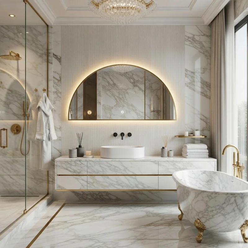 Framed Half Moon Backlight mirror with a gold frame and warm glow, set in a marble luxury bathroom with a matching bathtub.