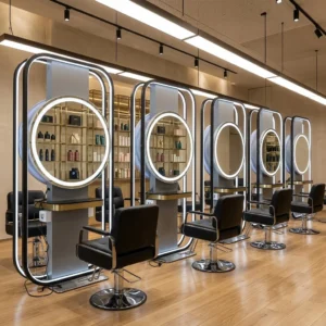 Round LED Hair & Beauty Salon Mirror with Rectangle Station
