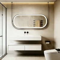 Modern minimalist bathroom with a large oval backlit mirror above a floating white sink and storage cabinet, towel rack with beige towels, and a wall-mounted faucet.