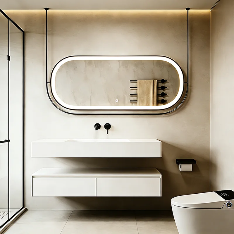 Modern minimalist bathroom with a large oval backlit mirror above a floating white sink and storage cabinet, towel rack with beige towels, and a wall-mounted faucet.