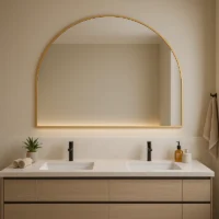Arch Half Moon Bathroom Vanity Mirror with gold arch frame above double sink vanity, warm lighting and modern minimalist bathroom setting