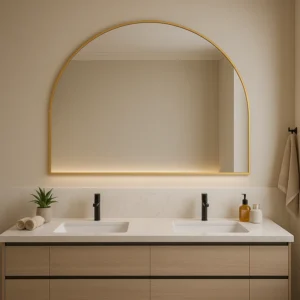 6-81116 - Mi-Mirror Arch Half Moon Bathroom Vanity Mirror with gold arch frame above double sink vanity, warm lighting and modern minimalist bathroom setting