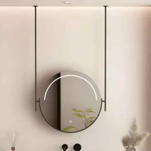 Frontlit & Backlit Round Hanging Mirror in a modern bathroom, suspended from ceiling with a soft LED arc illuminating the mirror.