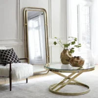 Luxury Hotel Full-Length Rectangle Floor Mirror in elegant white room with gold accents, glass table, and decorative vases