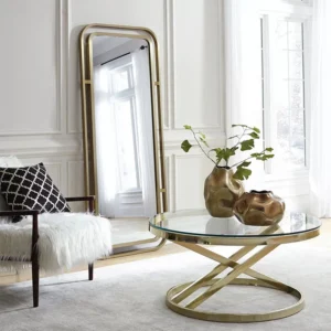 Luxury Hotel Full-Length Rectangle Floor Mirror in elegant white room with gold accents, glass table, and decorative vases