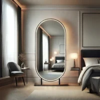 Double-Sided Matte Black Free-Standing Oval Mirror in modern bedroom with soft lighting, cozy bed, chair, and elegant decor
