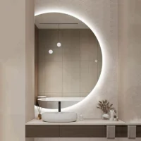 Classic Round LED 4/6 Moon Mirror with soft LED backlight above vanity, vessel sink, and modern minimalist bathroom decor