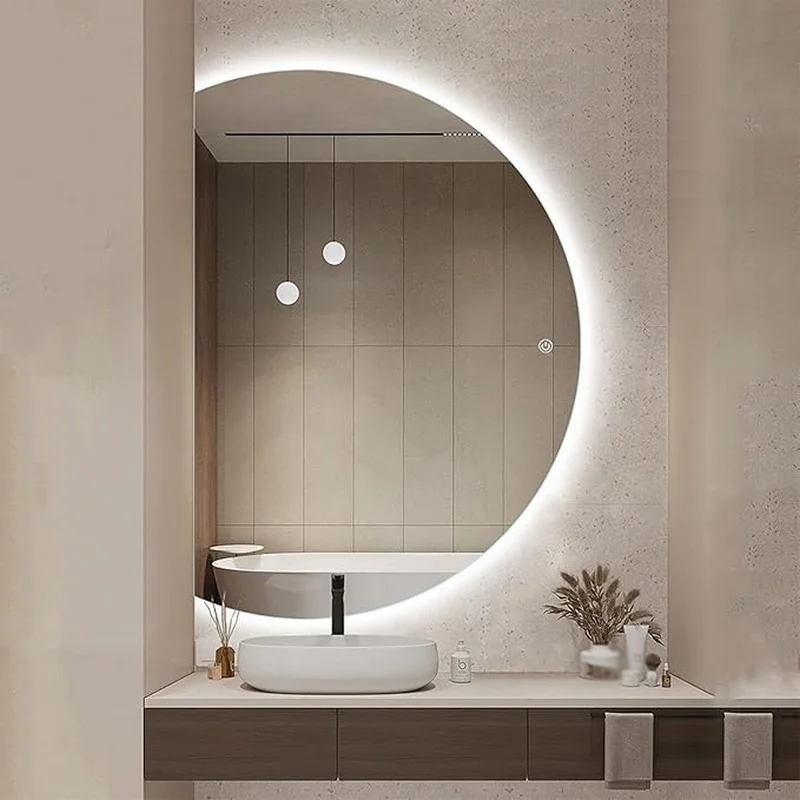 Classic Round LED 4/6 Moon Mirror with soft LED backlight above vanity, vessel sink, and modern minimalist bathroom decor
