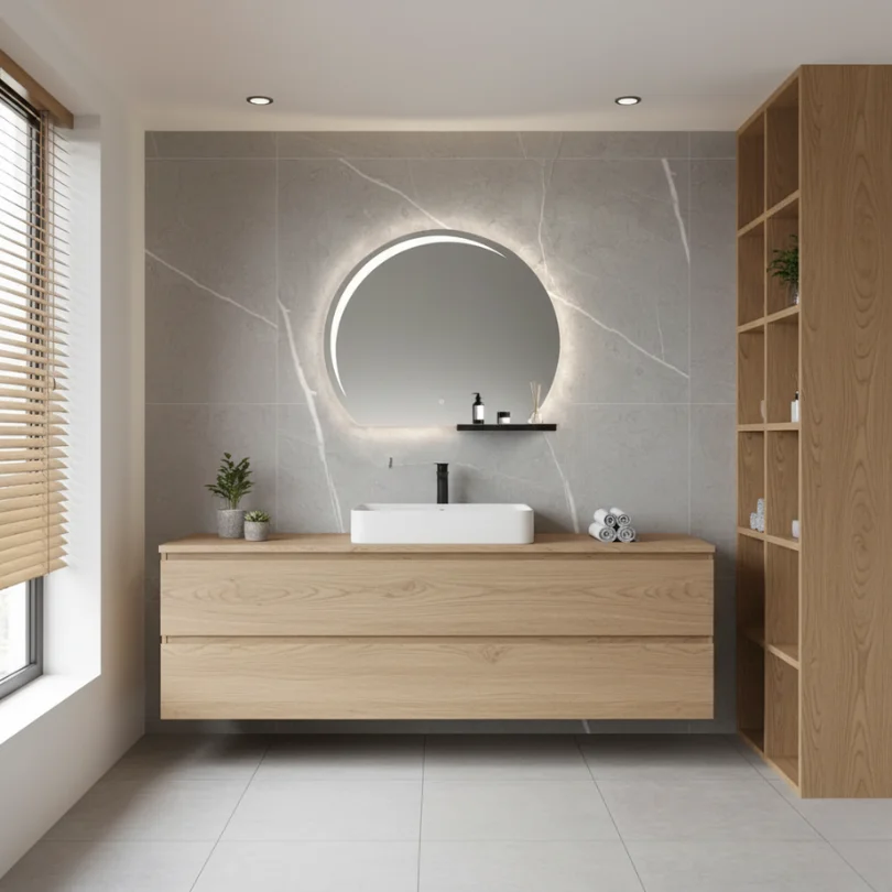 Luxury Half Moon and Shelf, a backlit crescent mirror with a small black shelf on a grey marble wall above a wooden floating vanity.
