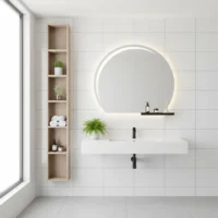 Luxury Half Moon and Shelf LED mirror above a white floating sink and vertical wood storage shelf in a bright, tiled bathroom.