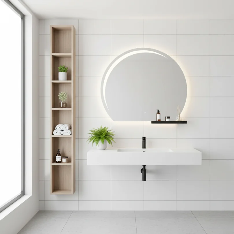 Luxury Half Moon and Shelf LED mirror above a white floating sink and vertical wood storage shelf in a bright, tiled bathroom.