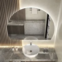 Classic Round LED 4/6 Moon Mirror above marble vanity with vessel sink, soft backlight, and modern minimalist bathroom design