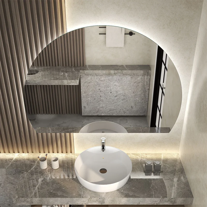 Classic Round LED 4/6 Moon Mirror above marble vanity with vessel sink, soft backlight, and modern minimalist bathroom design